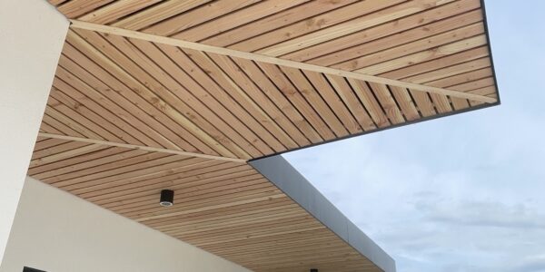 Exterior wooden slat ceiling under an overhang with black cylindrical light fixtures and white walls; open landscape with hills in the background